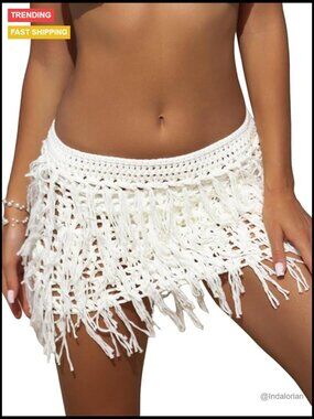 Women's Crochet Cover Up Skirt Fringe Hem Hollow Out Beach Swim Coverup